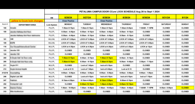 The old manual process: one Excel file for lock schedules, seven daily class schedules, and a separate events list.